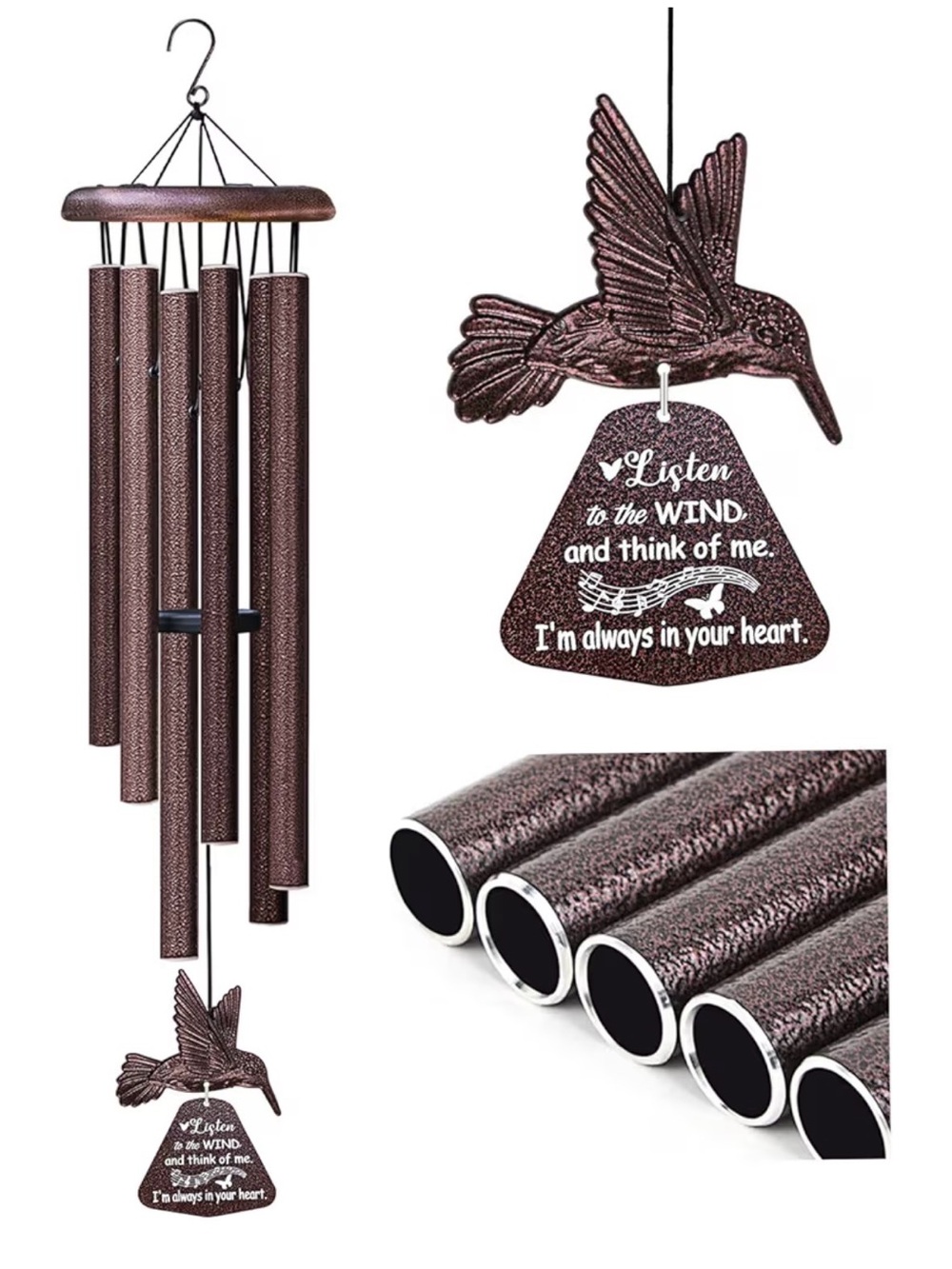 NWT Bronze Hummingbird Memorial Wind Chime with Sentiment
